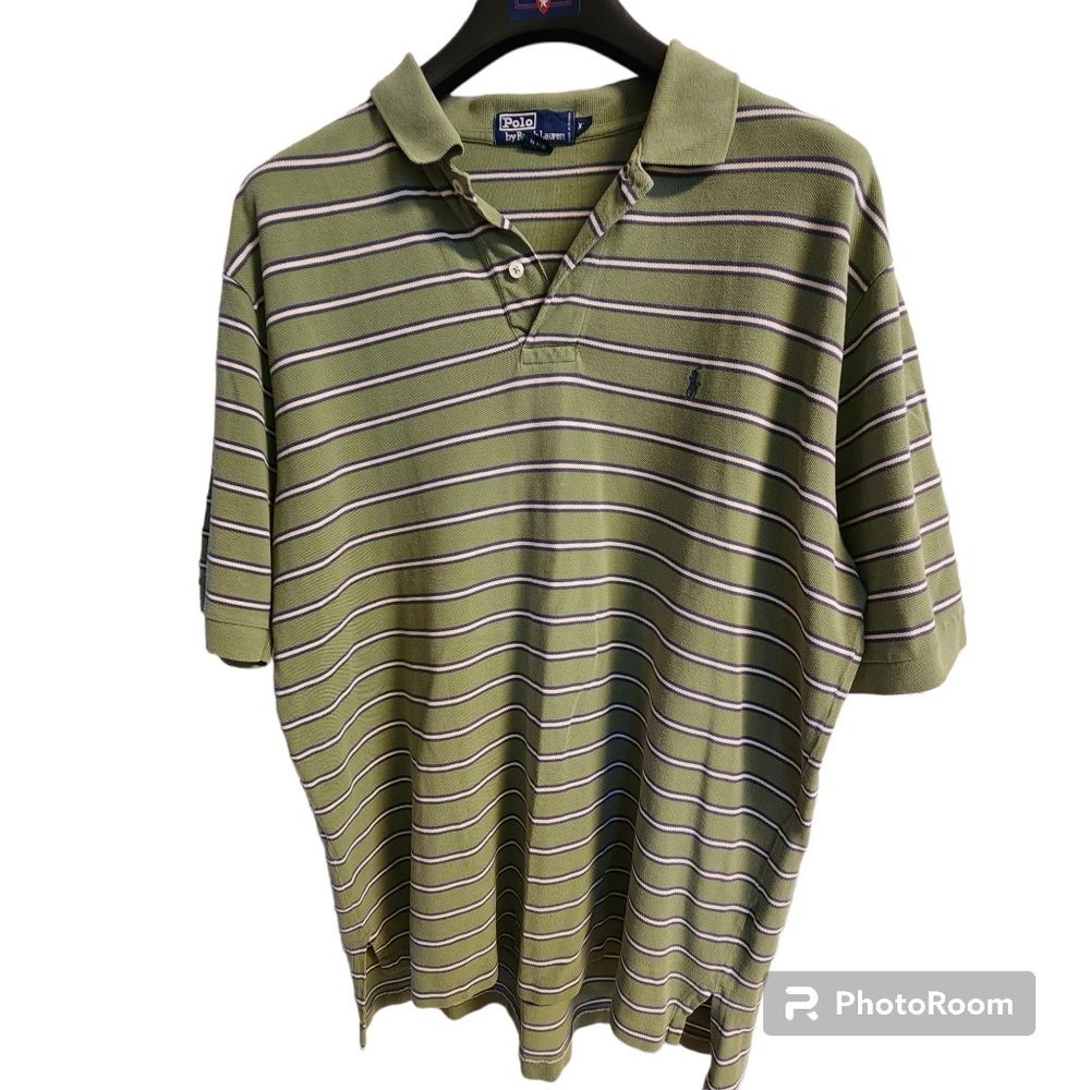Men's Polo Ralph Lauren Size XL S/S Green With Navy & White Stripes Cotton EUC